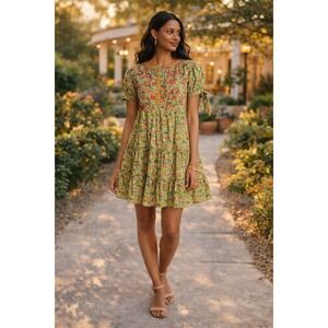 Roopa Pemmaraju Anthropologie Beaded‎ Floral Mini Dress XS Colorful Cotton